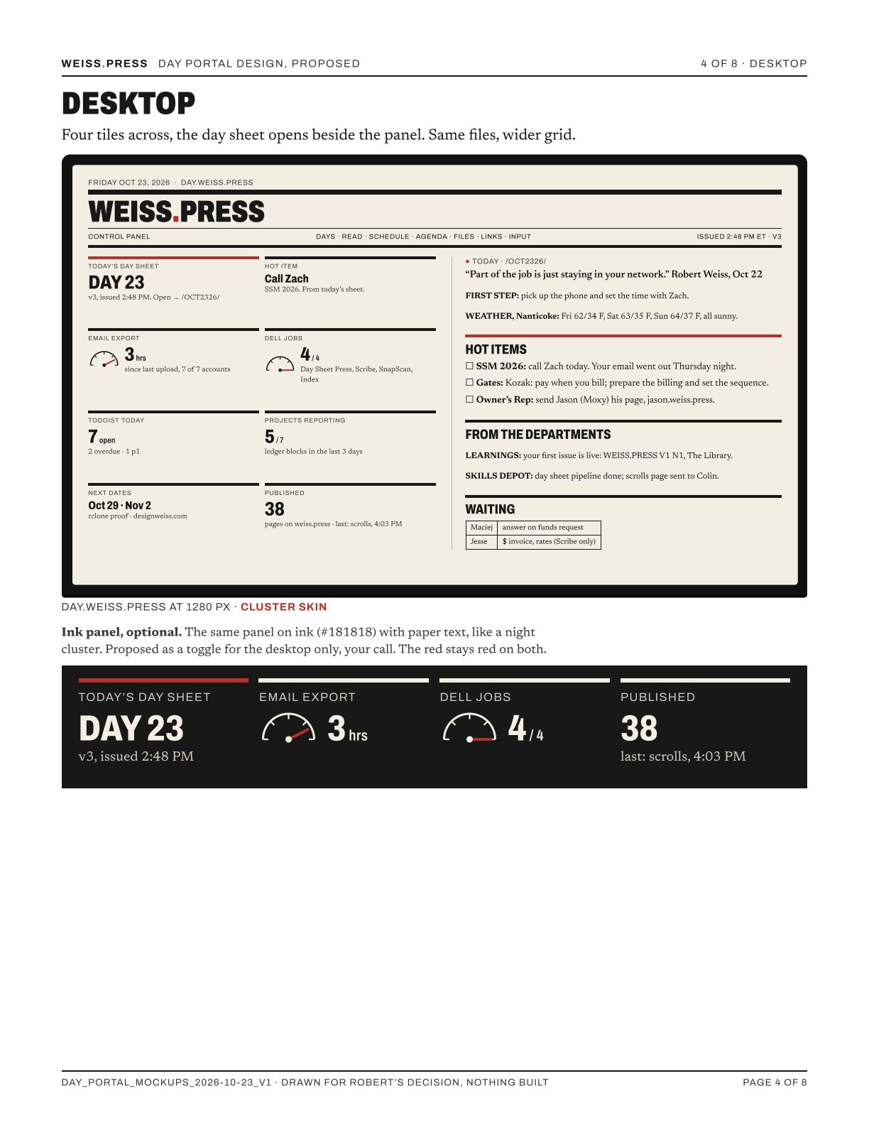 A desktop screen with tiles on the left and today's day sheet on the right, and below it the same tiles on a black panel with light text.