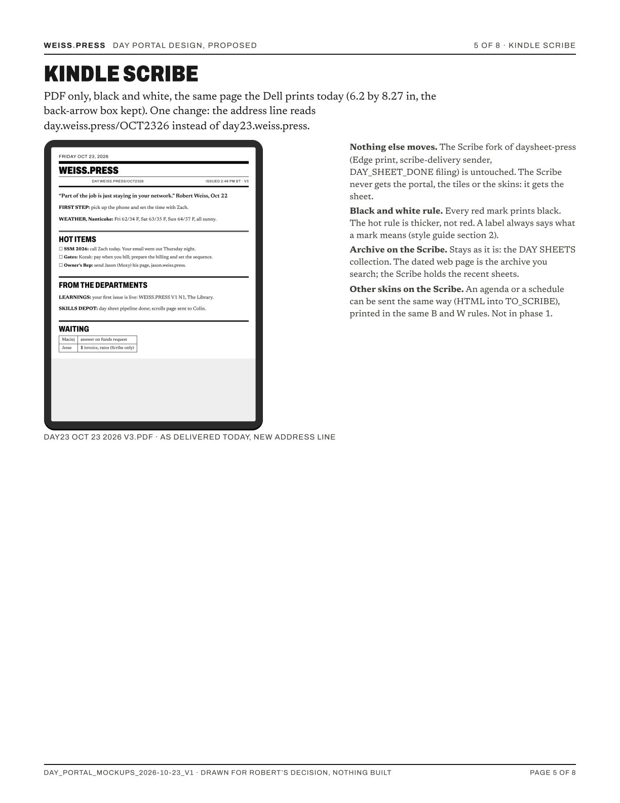 The Scribe PDF of the day sheet in black and white with the back-arrow box kept, beside notes saying nothing else moves.