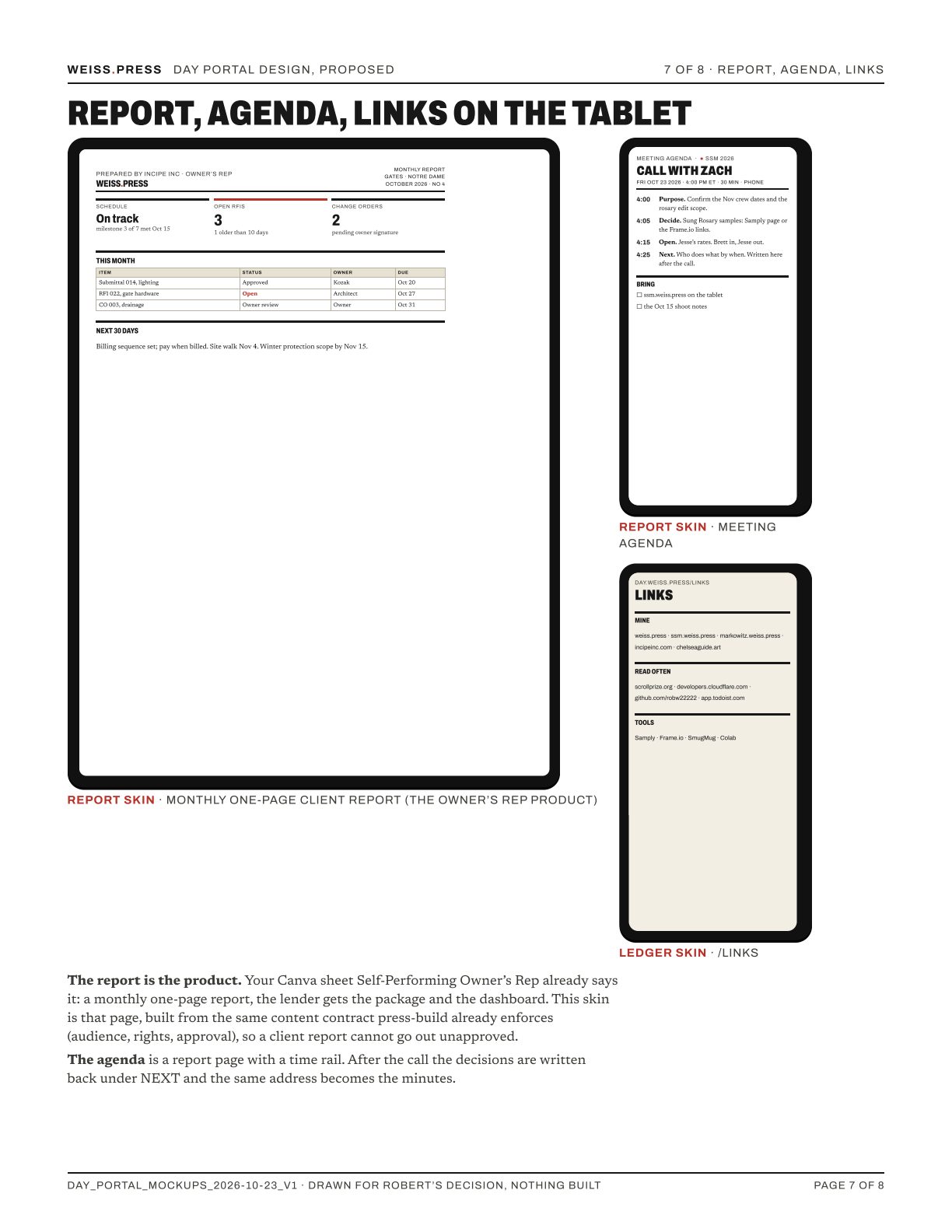 A tablet showing a one-page client report with three tiles and a table, a phone showing a meeting agenda with a time rail, and a phone showing the links page.